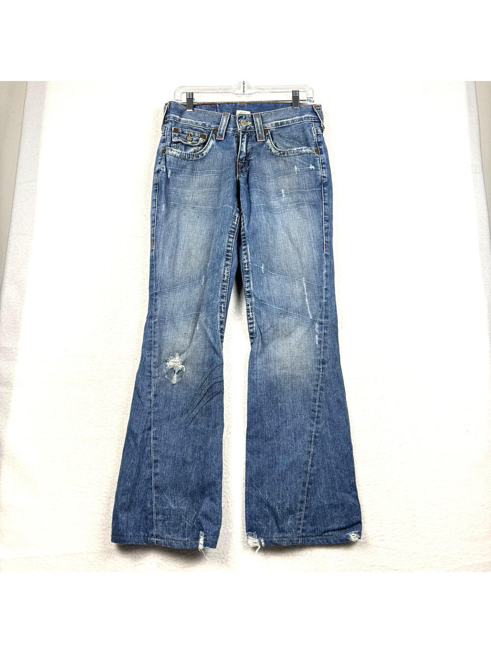 True Religion Joey Low Rise Flare 28x33 Pocket Flap Distressed Denim Jeans Y2K